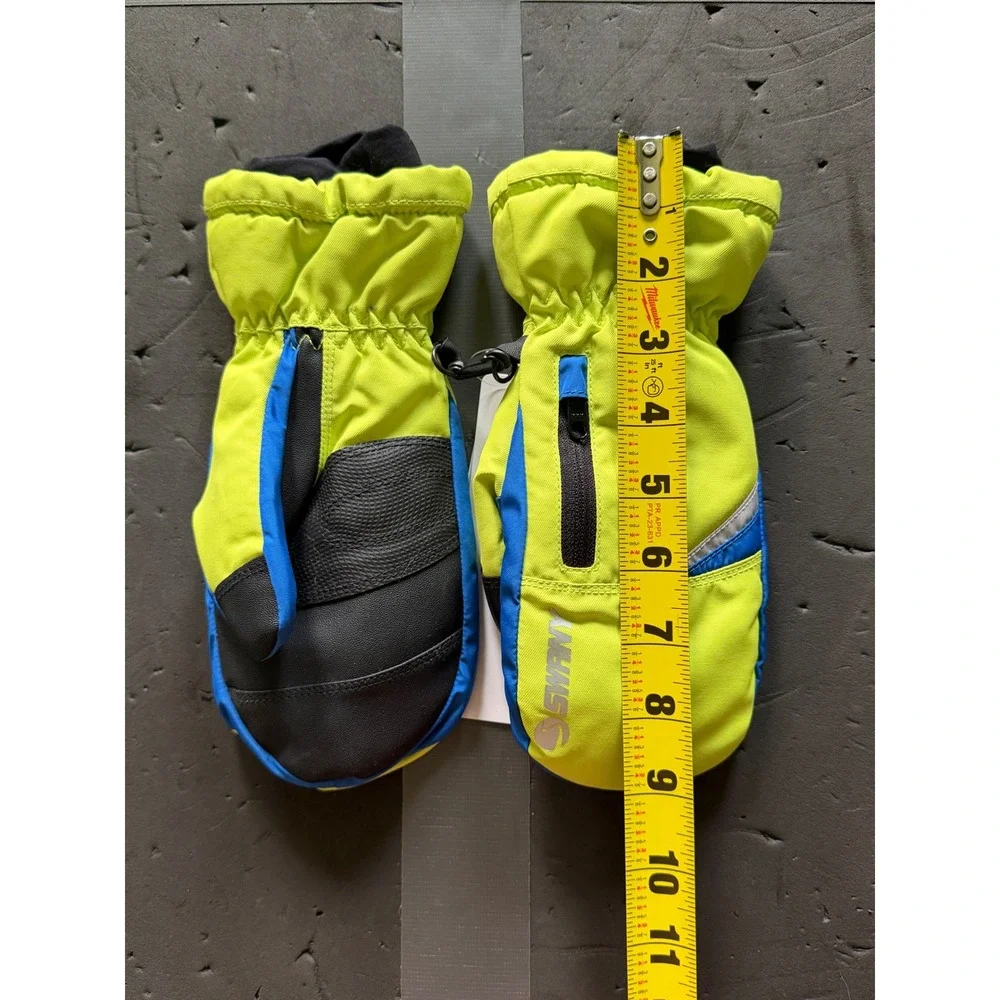 Swany Kids Ski Mittens Neon Green Blue Black Winter Snow Mitts Zipper Pocket